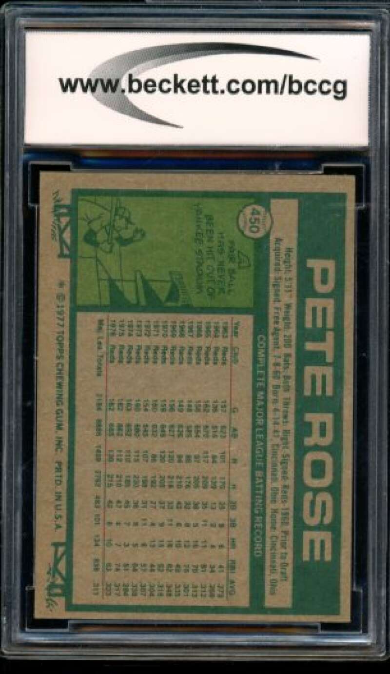 1977 Topps #450 Pete Rose Card BGS BCCG 8 Excellent+ Image 2