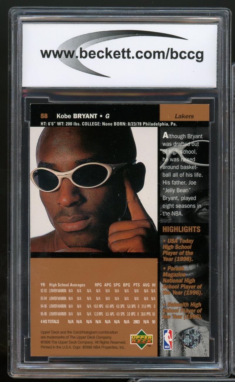 1996-97 Upper Deck #58 Kobe Bryant Rookie Card BCCG 10 Mint+ Image 2