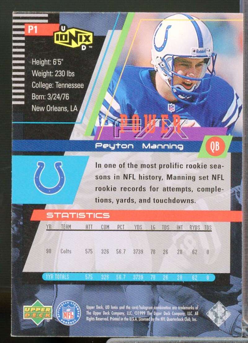 Peyton Manning Card 1999 UD Ionix Power F/X #P1  Image 2