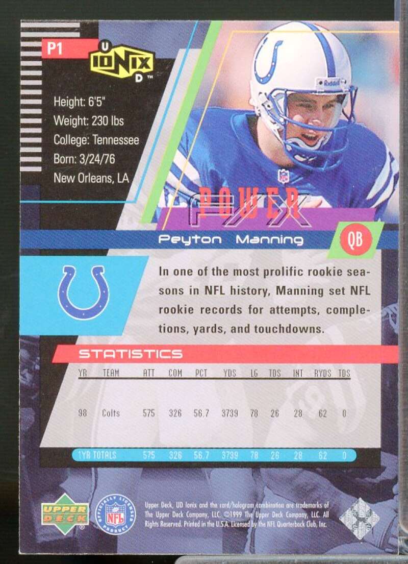 Peyton Manning Card 1999 UD Ionix Power F/X #P1  Image 2