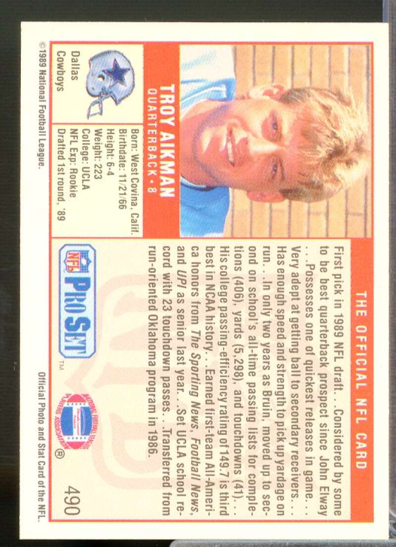 Troy Aikman Rookie Card 1989 Pro Set #490  Image 2