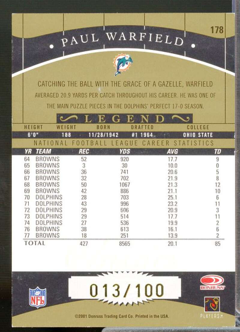 Paul Warfield 2001 Donruss Classics 2017 Honors Recollection Collection #2191  Image 2