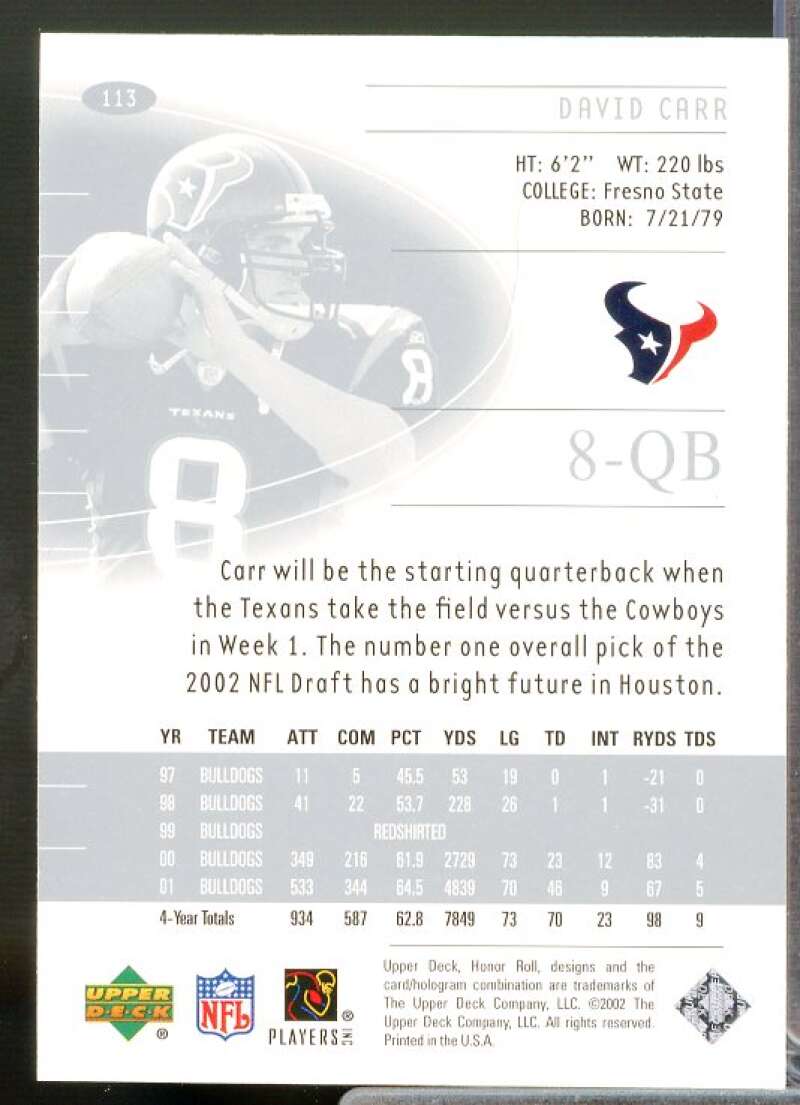 David Carr Rookie Card 2002 Upper Deck Honor Roll #113  Image 2