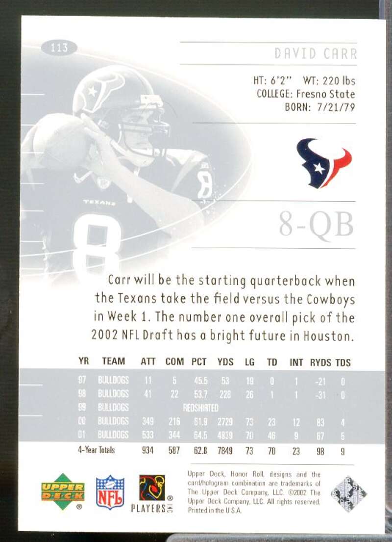 David Carr Rookie Card 2002 Upper Deck Honor Roll #113  Image 2
