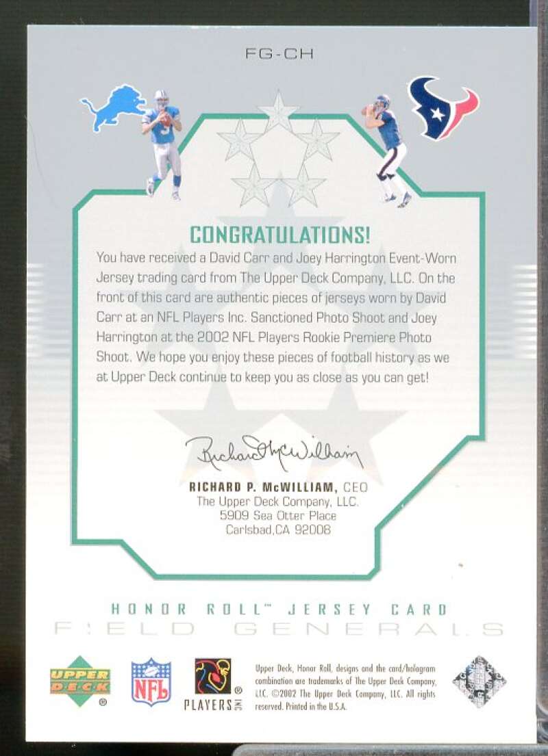 David Carr/Joey Harrington 2002 Honor Roll Field Generals Dual Jerseys #FGCH  Image 2