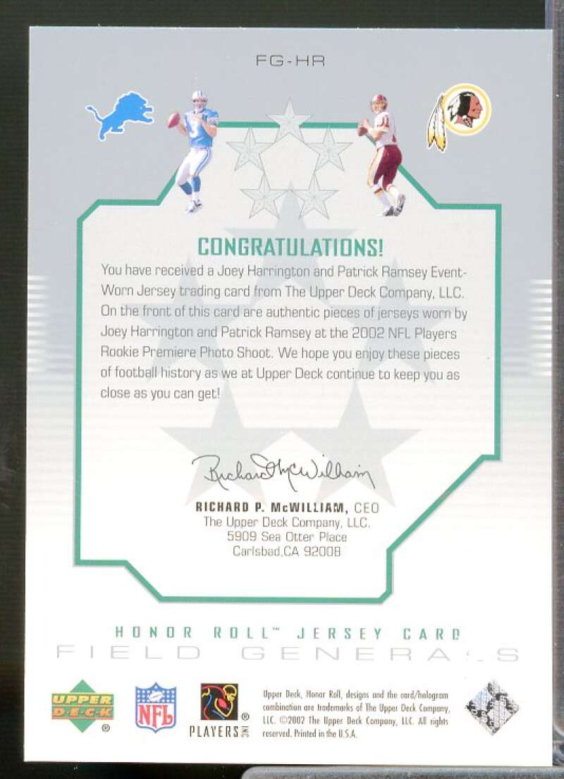 Joey Harrington/Patrick Ramsey 2002 Honor Roll Field Generals Dual Jerseys #FGHR  Image 2