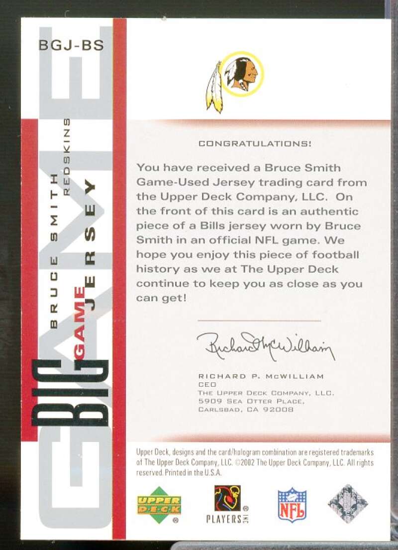 Bruce Smith Card 2002 UD Piece of History The Big Game Jerseys #BGJBS  Image 2