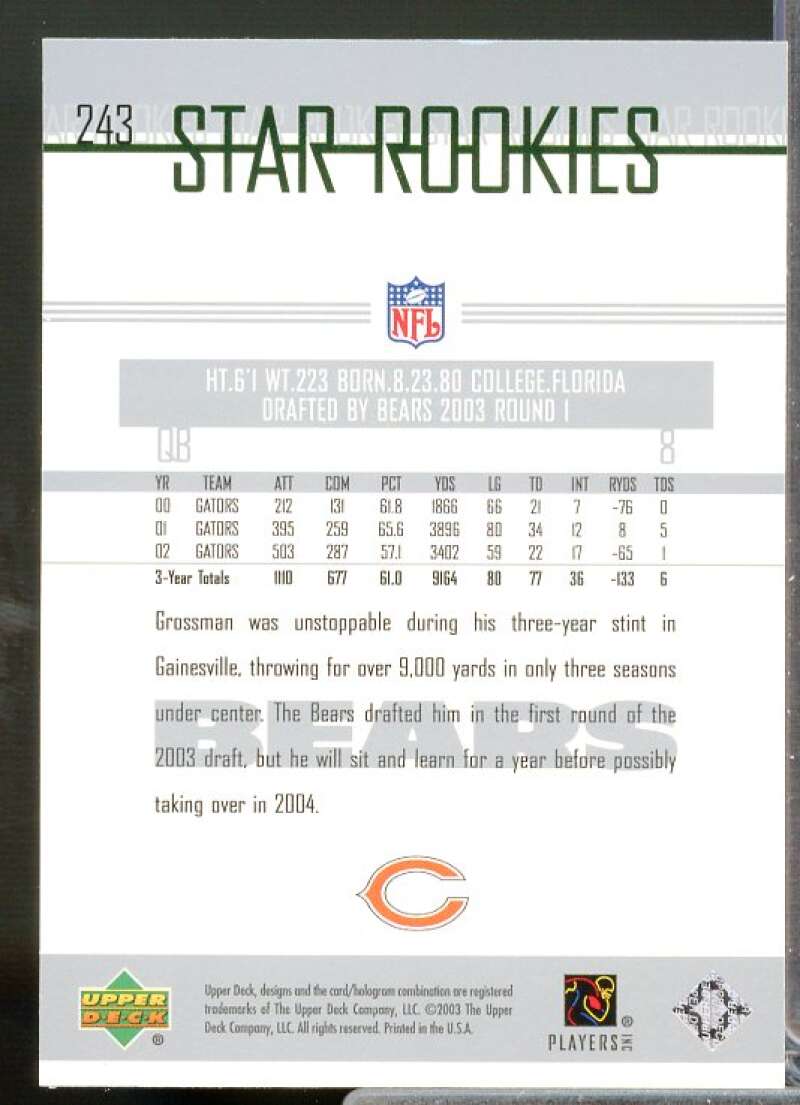 Rex Grossman Rookie Card 2003 Upper Deck #243  Image 2