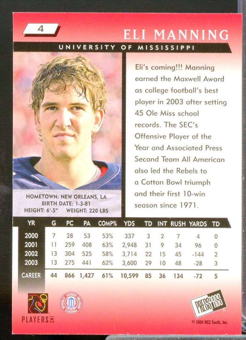Eli Manning Rookie Card 2004 Press Pass #4  Image 2