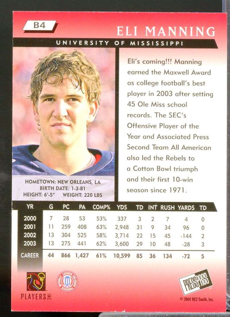 Eli Manning Rookie Card 2004 Press Pass Blue #B4  Image 2