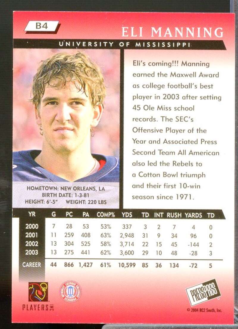 Eli Manning Rookie Card 2004 Press Pass Blue #B4  Image 2