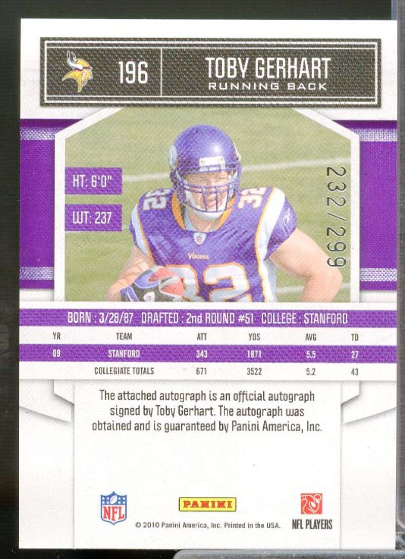 Toby Gerhart Rookie Card 2010 Classics Significant Signatures Gold #196  Image 2