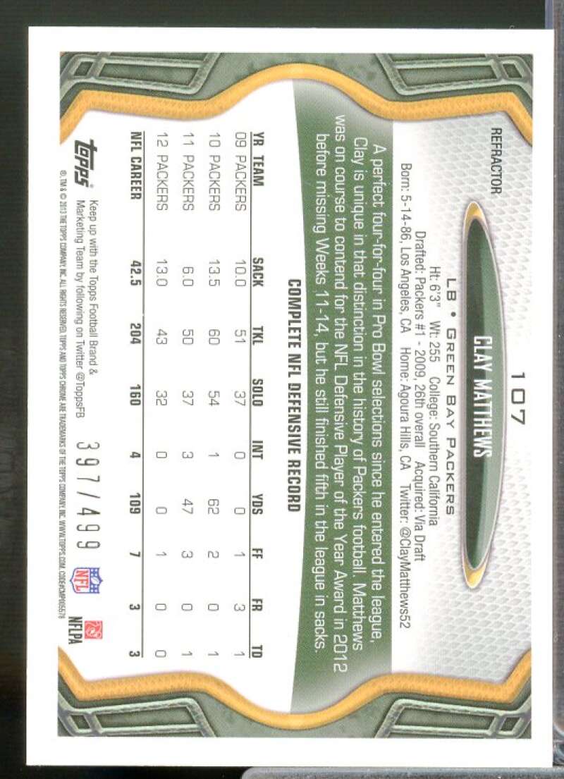 Clay Matthews Card 2013 Topps Chrome Camo Refractors #107  Image 2