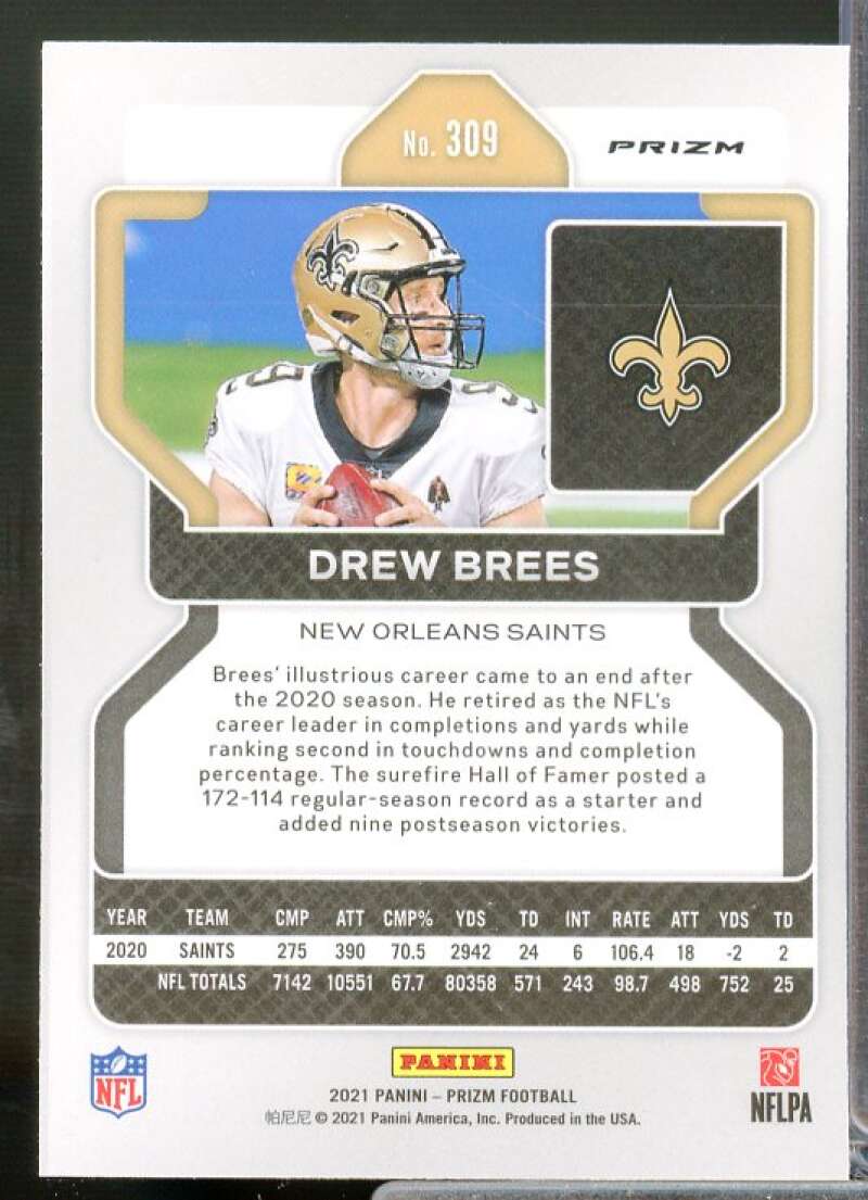 Drew Brees Card 2021 Panini Prizm Prizms Neon Green Pulsar #309  Image 2