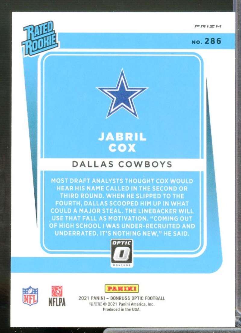 Jabril Cox Rookie Card 2021 Donruss Optic Teal Velocity #286  Image 2