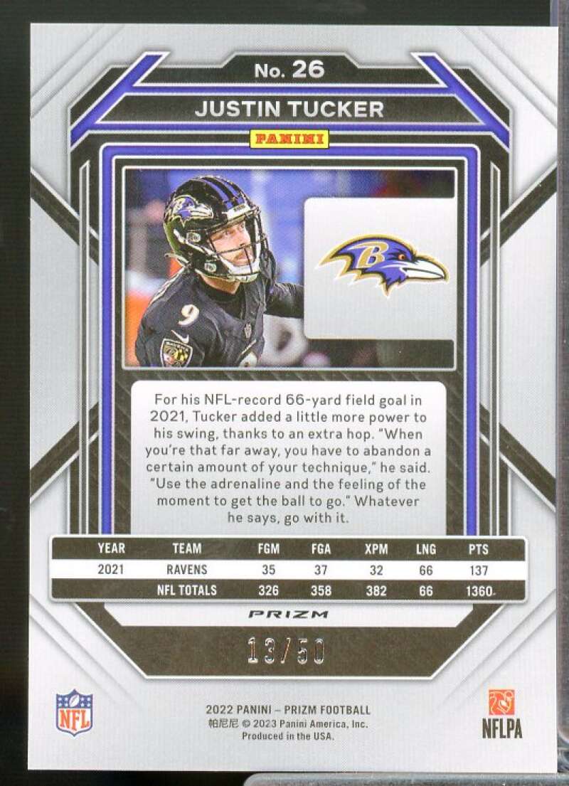 Justin Tucker Card 2022 Panini Prizm Prizms No Huddle Red #26  Image 2