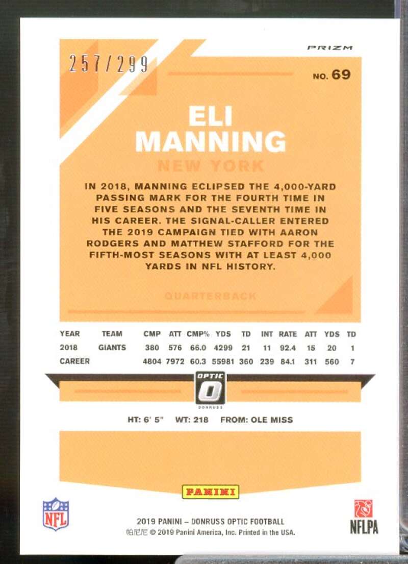 Eli Manning Card 2019 Donruss Optic Aqua #69  Image 2