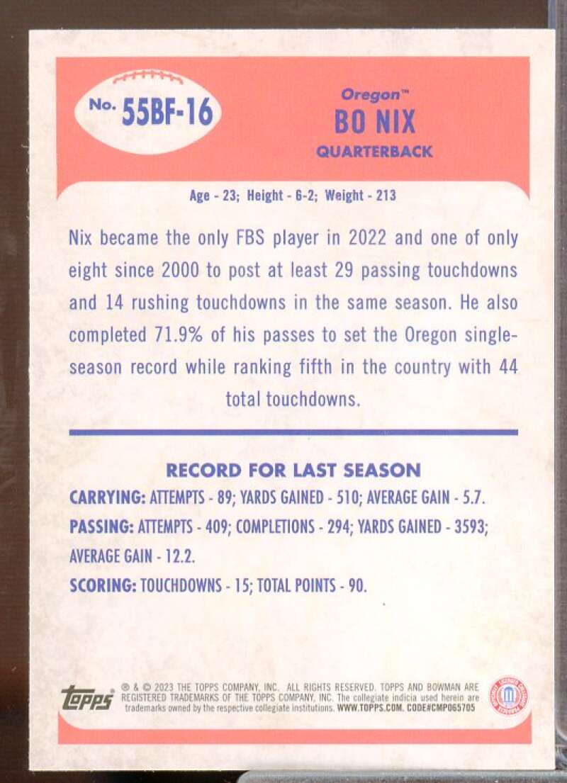 Bo Nix Rookie Card 2023 Bowman Chrome University '55 Bowman #55BF16  Image 2