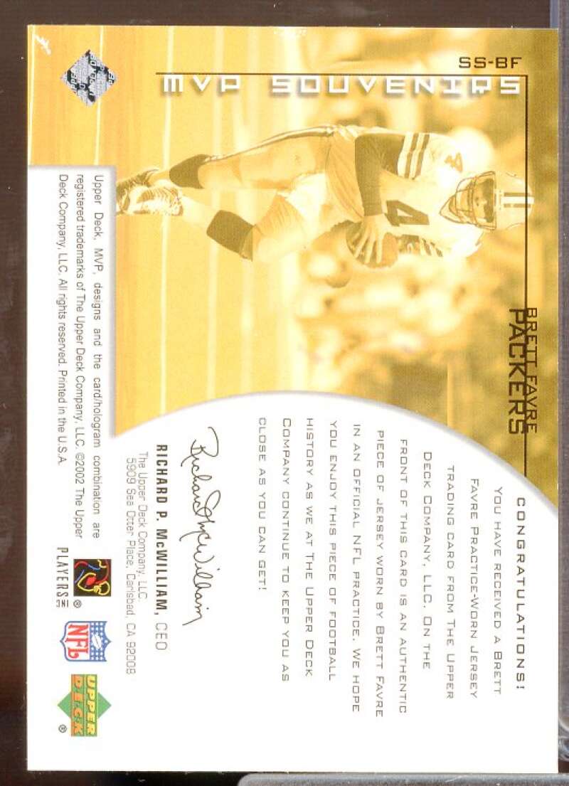 Brett Favre Card 2002 Upper Deck MVP Souvenirs #SSBF  Image 2