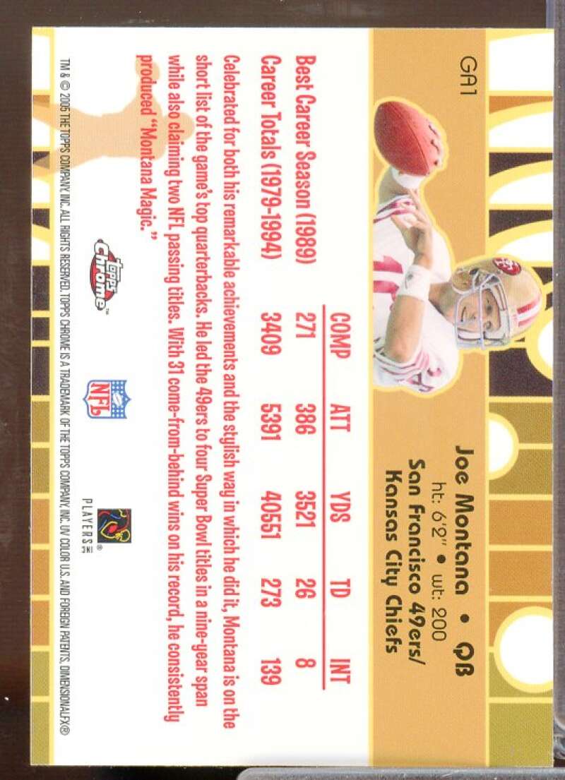 Joe Montana Card 2005 Topps Chrome Golden Anniversary Golden Greats #GA1  Image 2