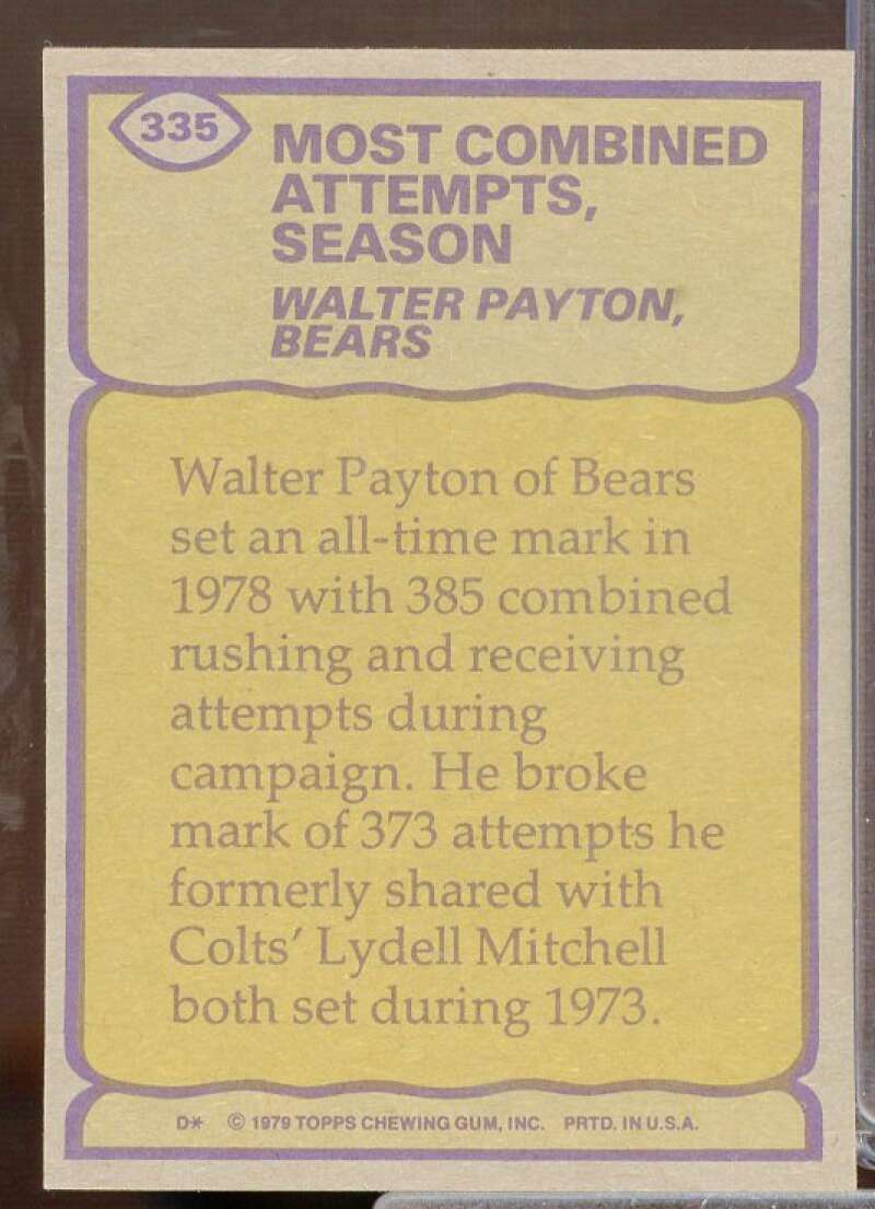 Walter Payton RB/Most Combined/Attempts&amp; Season Card 1979 Topps #335  Image 2