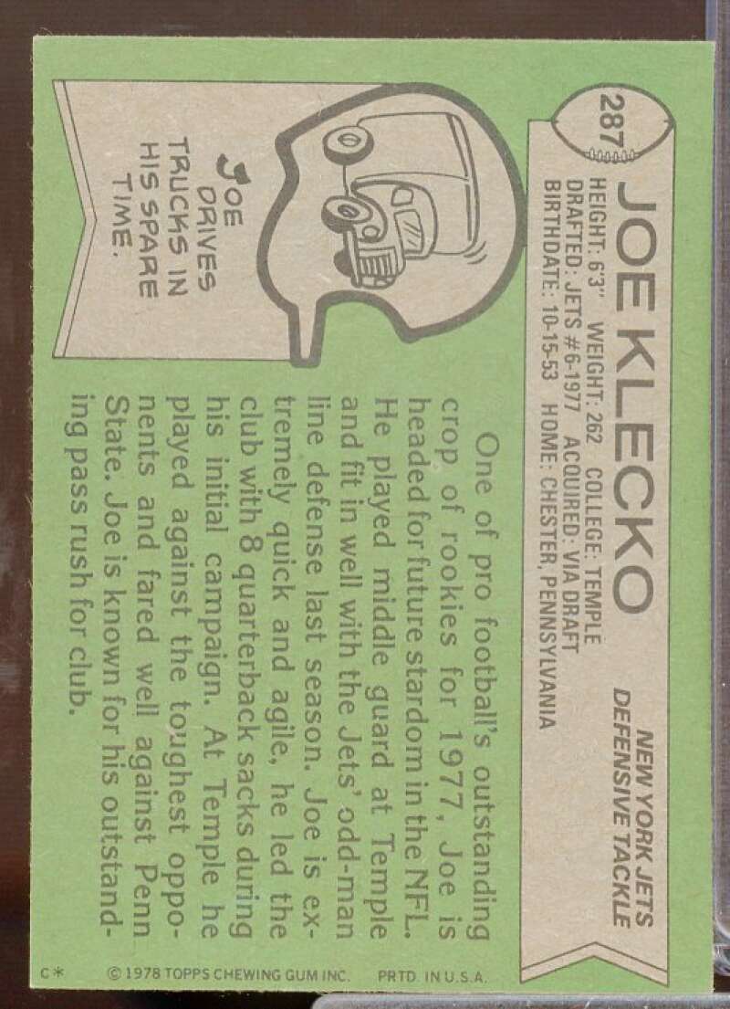 Joe Klecko Rookie Card 1978 Topps #287  Image 2