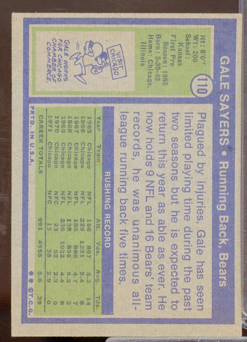 Gale Sayers Ex-Mint Card 1972 Topps #110  Image 2