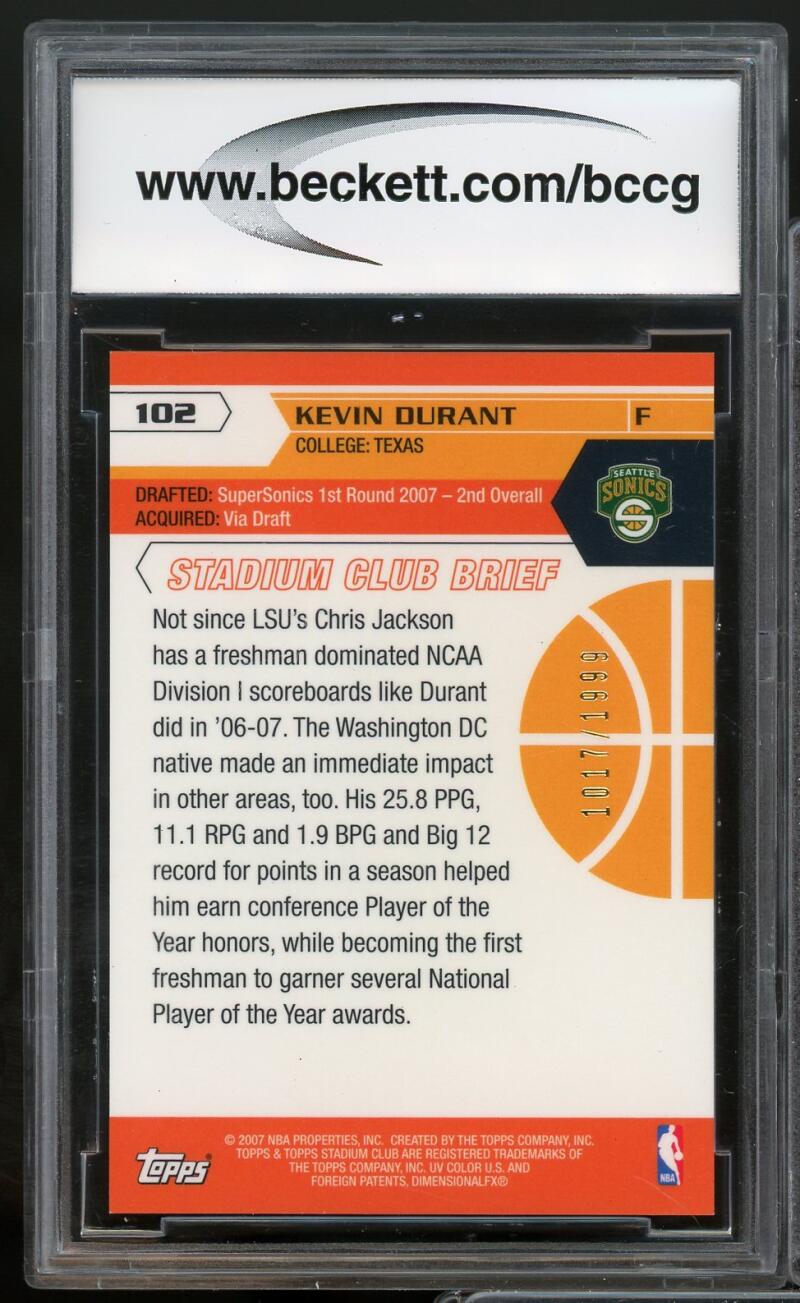 2007-08 Stadium Club #102 Kevin Durant Rookie Card BGS BCCG 10 Mint+ Image 2