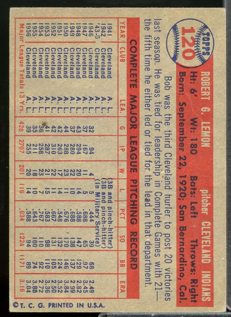 Bob Lemon Card 1957 Topps #120  Image 2