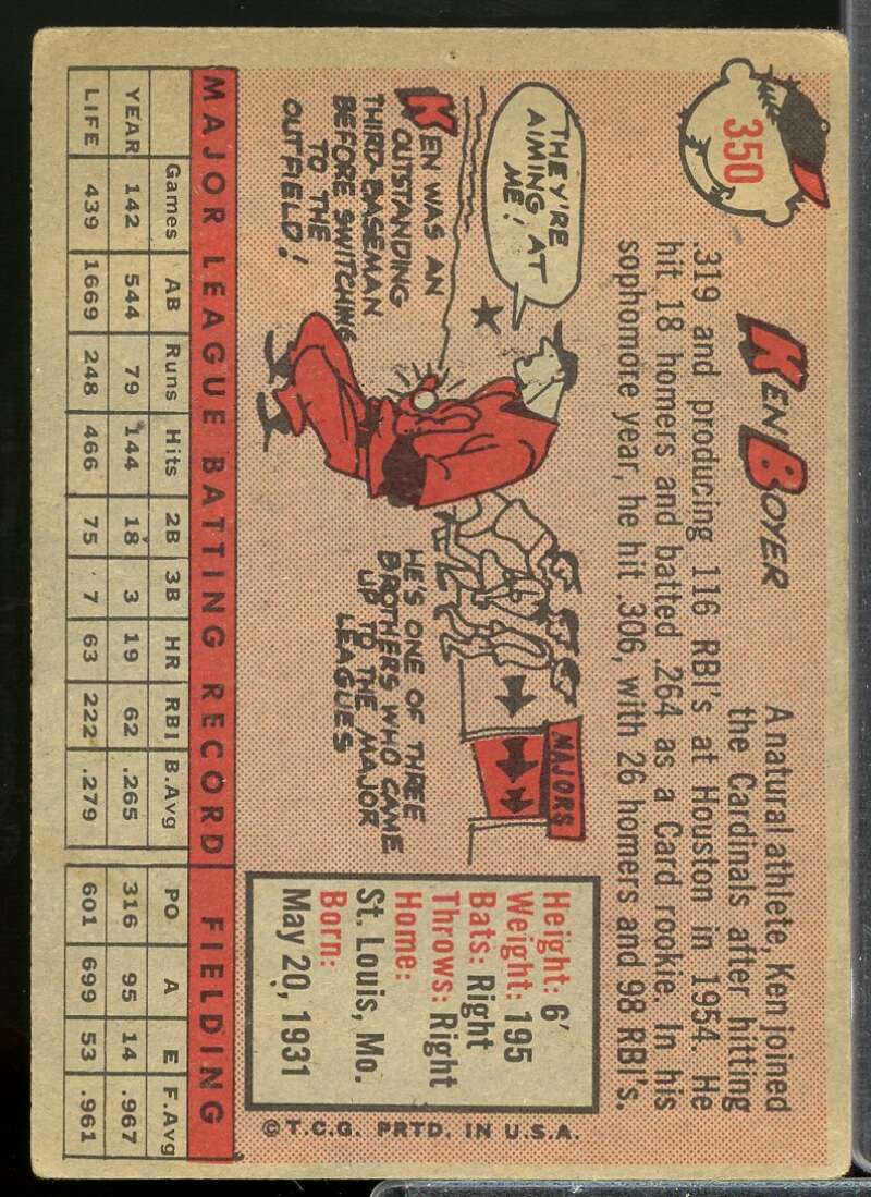 Ken Boyer Card 1958 Topps #350  Image 2