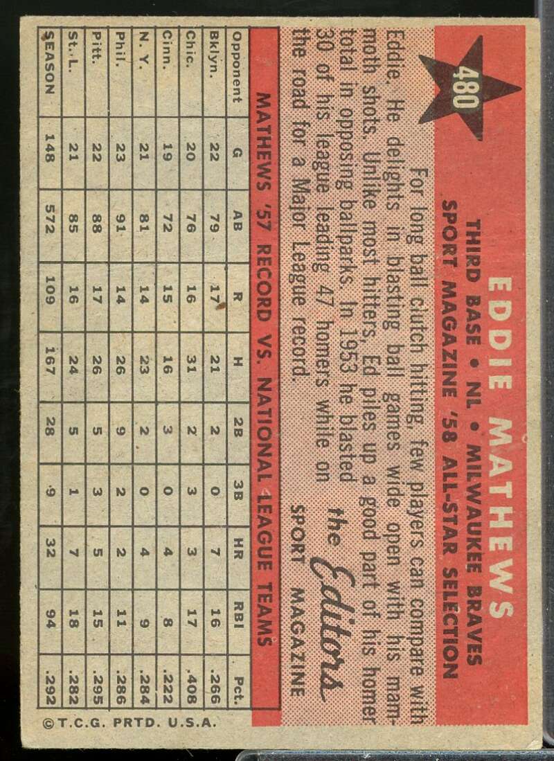 Eddie Mathews AS Card 1958 Topps #480  Image 2