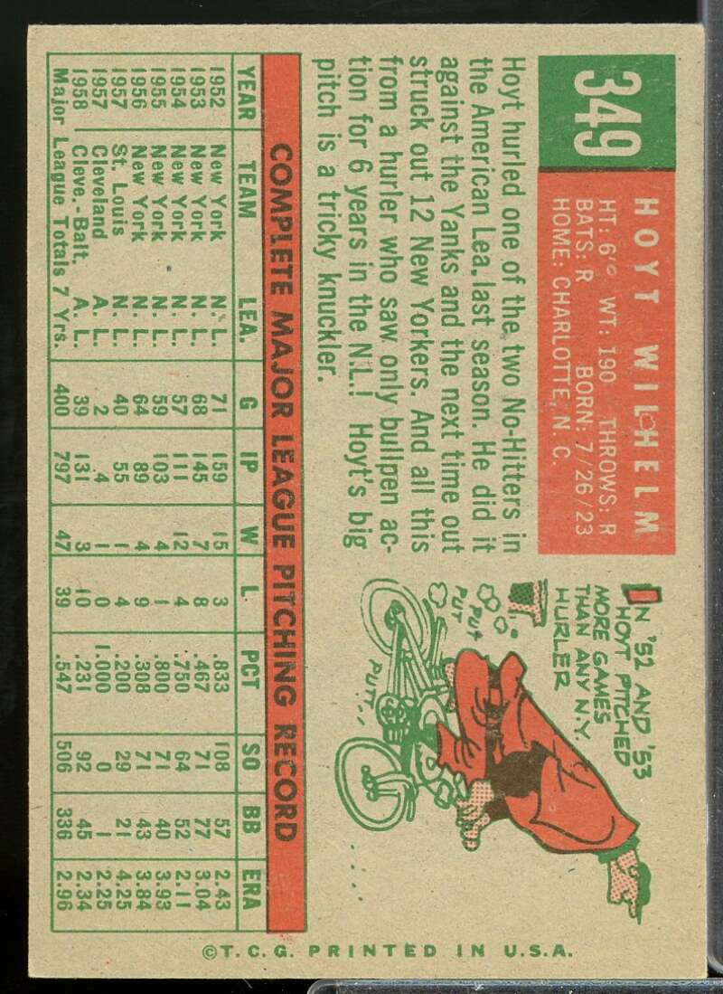 Hoyt Wilhelm Card 1959 Topps #349  Image 2