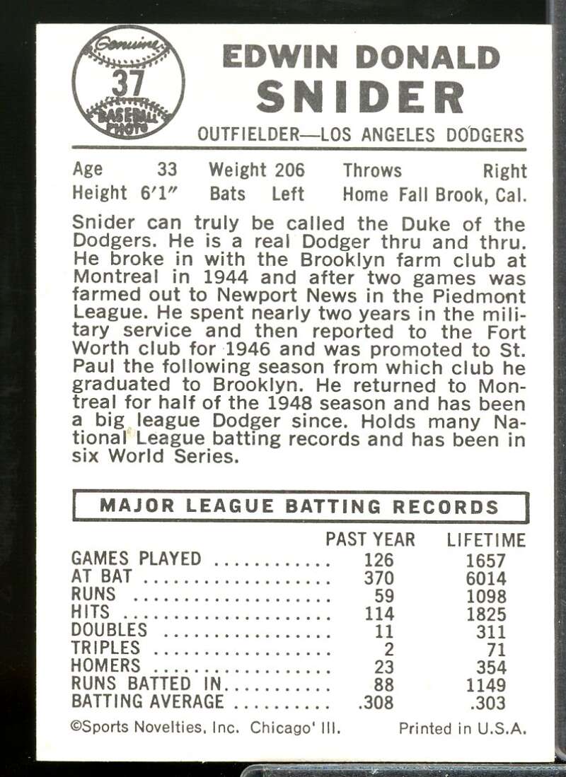 Duke Snider Card 1960 Leaf #37  Image 2