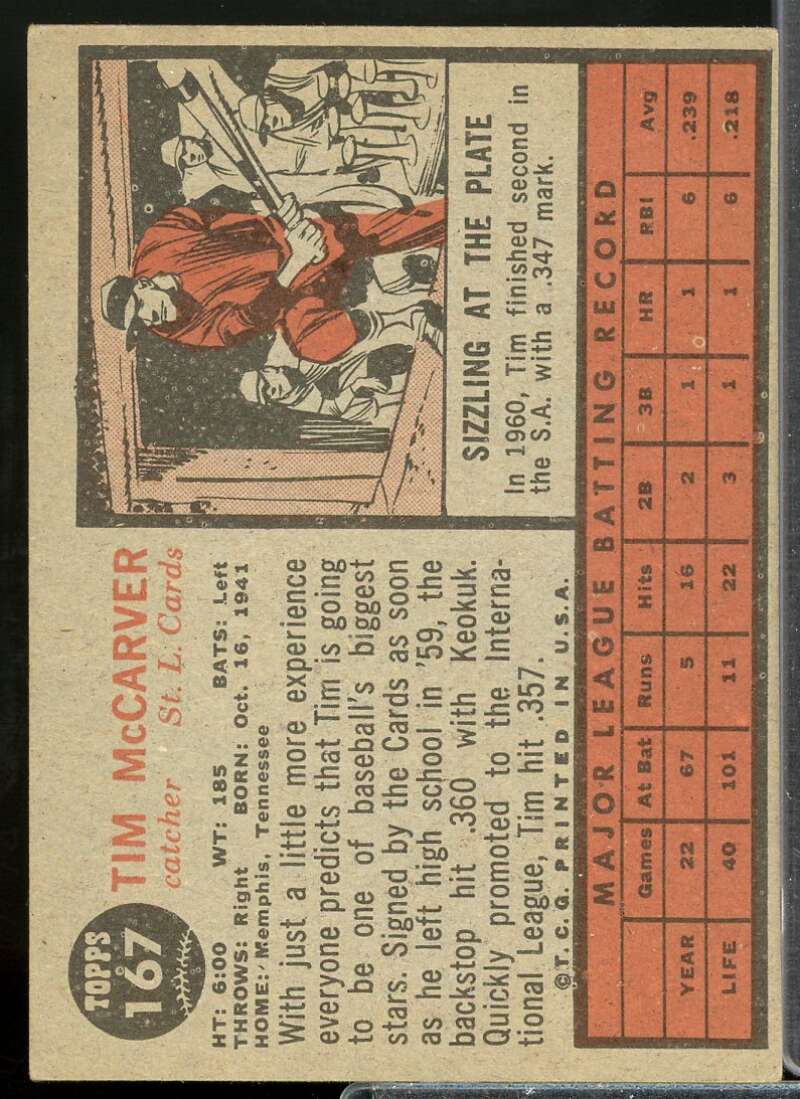 Tim McCarver RC Card 1962 Topps #167  Image 2