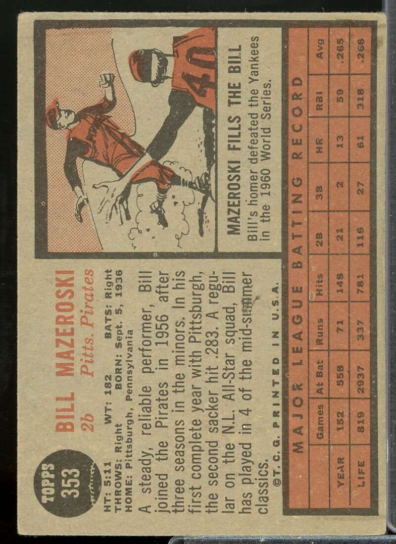 Bill Mazeroski Card 1962 Topps #353  Image 2