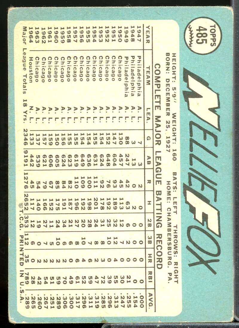 Nellie Fox P/CO Card 1965 Topps #485  Image 2