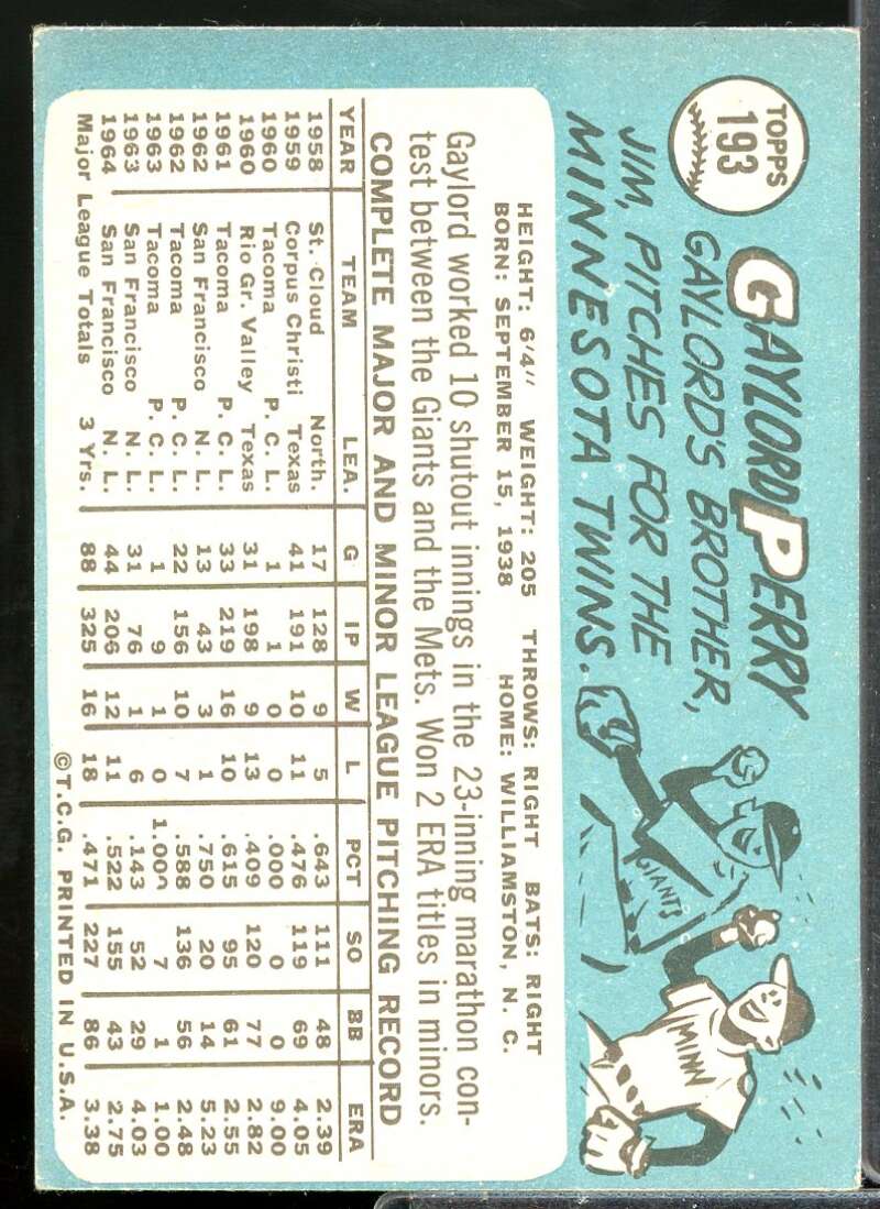 Gaylord Perry Card 1965 Topps #193  Image 2