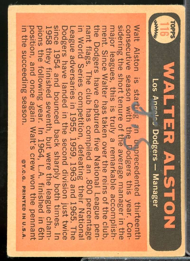 Walter Alston MG Card 1966 Topps #116  Image 2