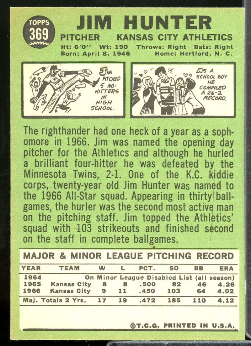 Jim Hunter Card 1967 Topps #369  Image 2
