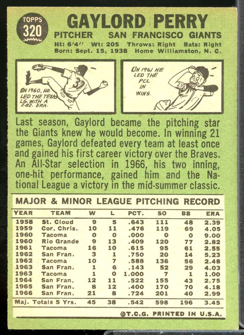 Gaylord Perry Card 1967 Topps #320  Image 2