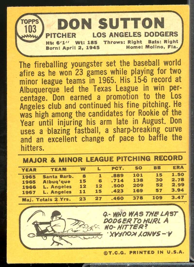 Don Sutton Card 1968 Topps #103  Image 2