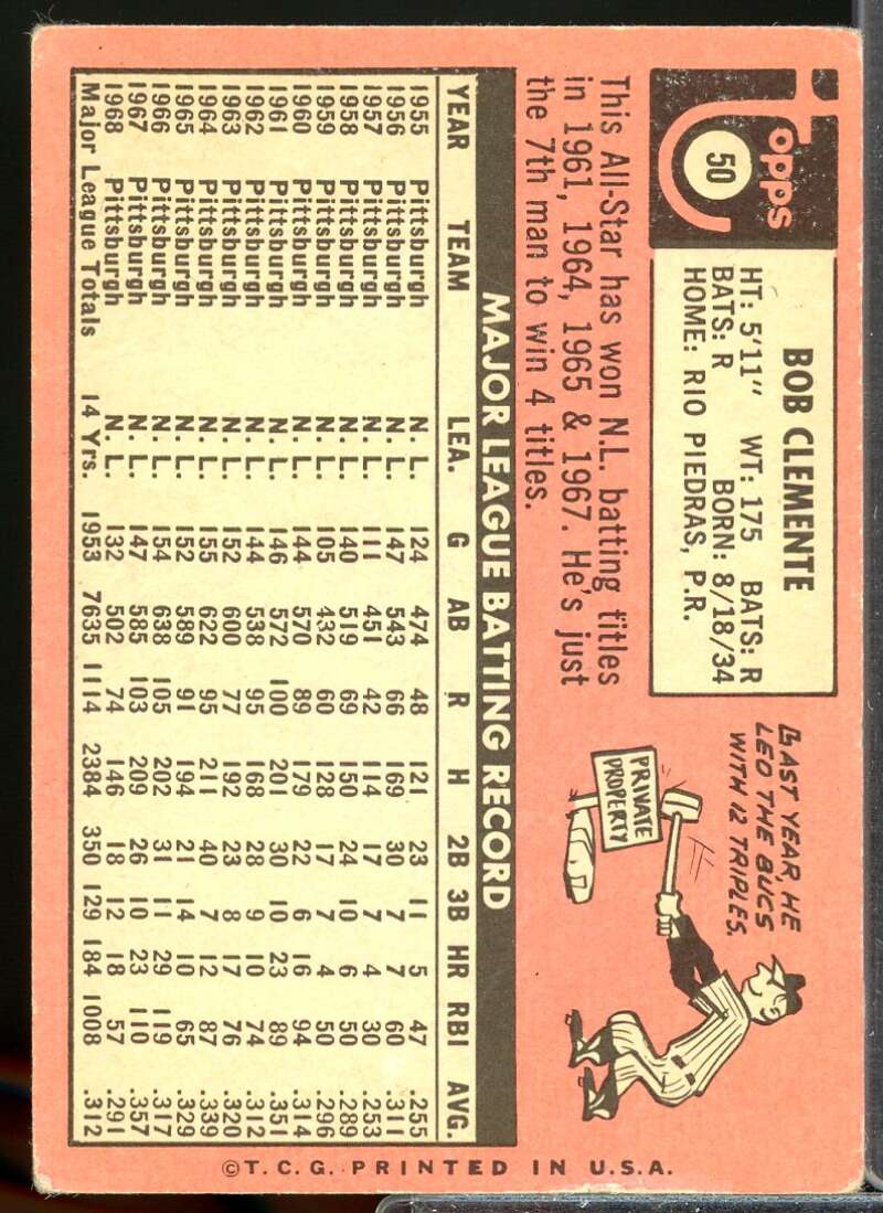 Roberto Clemente Card 1969 Topps #50  Image 2