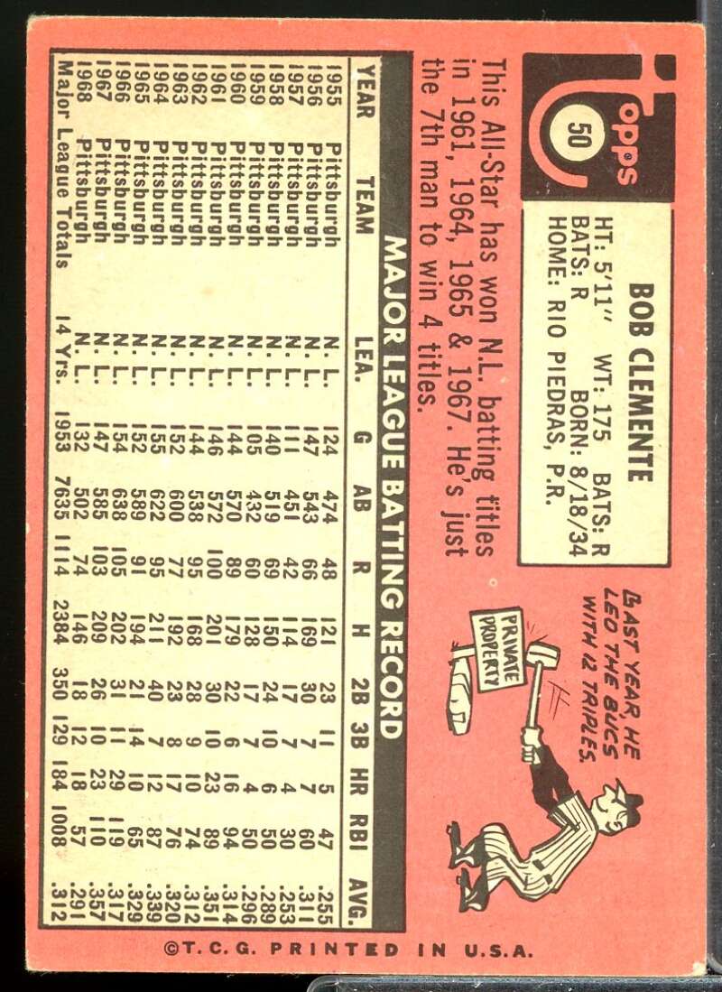 Roberto Clemente Card 1969 Topps #50  Image 2