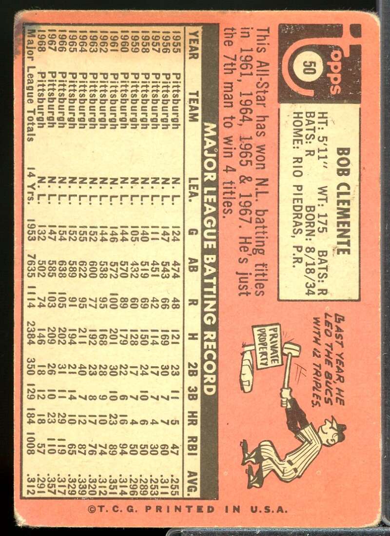 Roberto Clemente Card 1969 Topps #50  Image 2