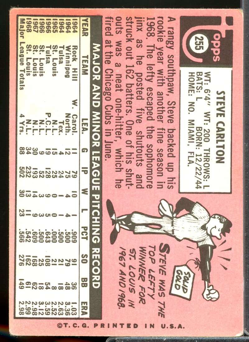 Steve Carlton Card 1969 Topps #255  Image 2