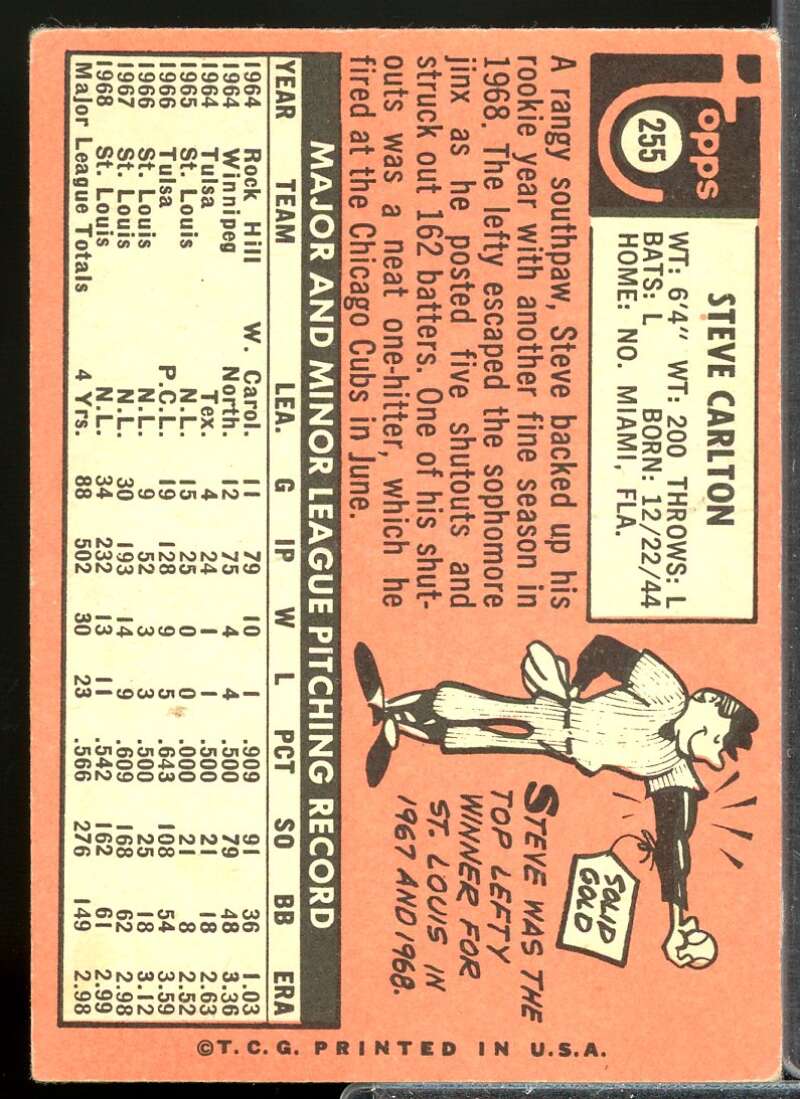 Steve Carlton Card 1969 Topps #255  Image 2