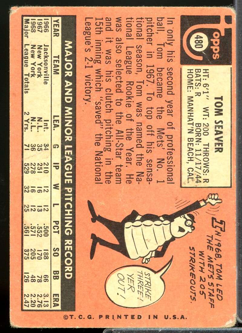 Tom Seaver Card 1969 Topps #480  Image 2
