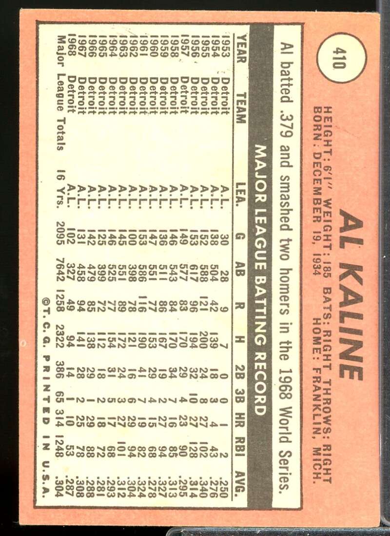 Al Kaline Card 1969 Topps #410  Image 2