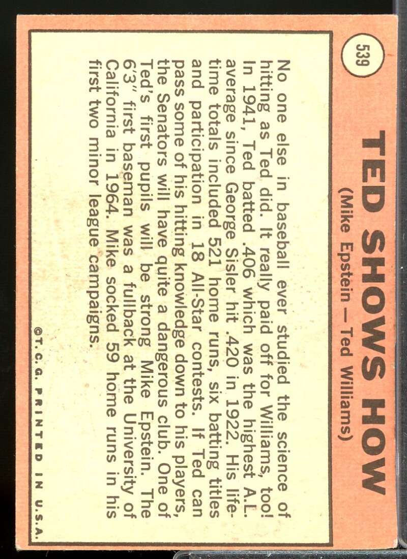 Ted Shows How/Mike Epstein/Ted Williams MG Card 1969 Topps #539  Image 2