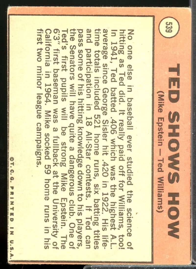 Ted Shows How/Mike Epstein/Ted Williams MG Card 1969 Topps #539  Image 2